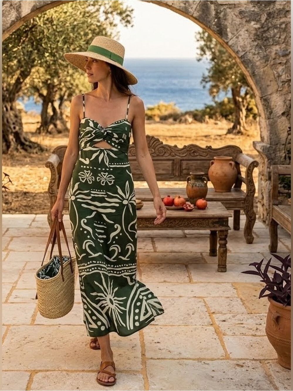House of Harlow 1960 Green & White Printed Tie-Front Maxi Dress